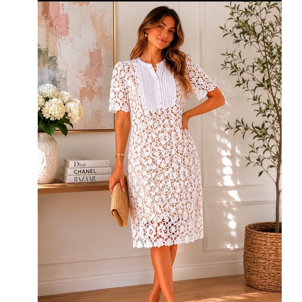 NWT MICHAEL KORS white Floral Lace Sequin Tuxedo Bib Midi Dress Short Sleeve L
